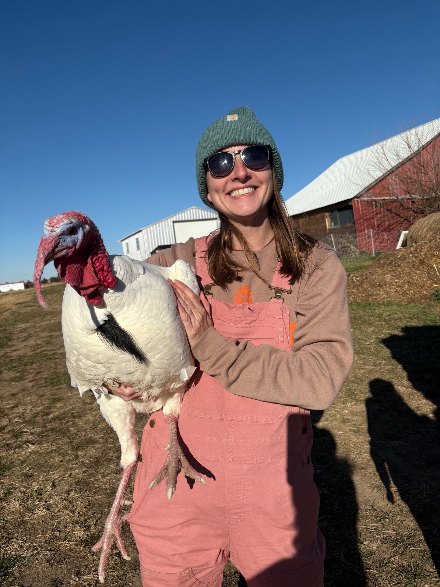 A smiling woman on a sunny farm holds a large white turkey wearing pink overalls, a green beanie, and sunglasses, with barns and a blue sky in the background.
