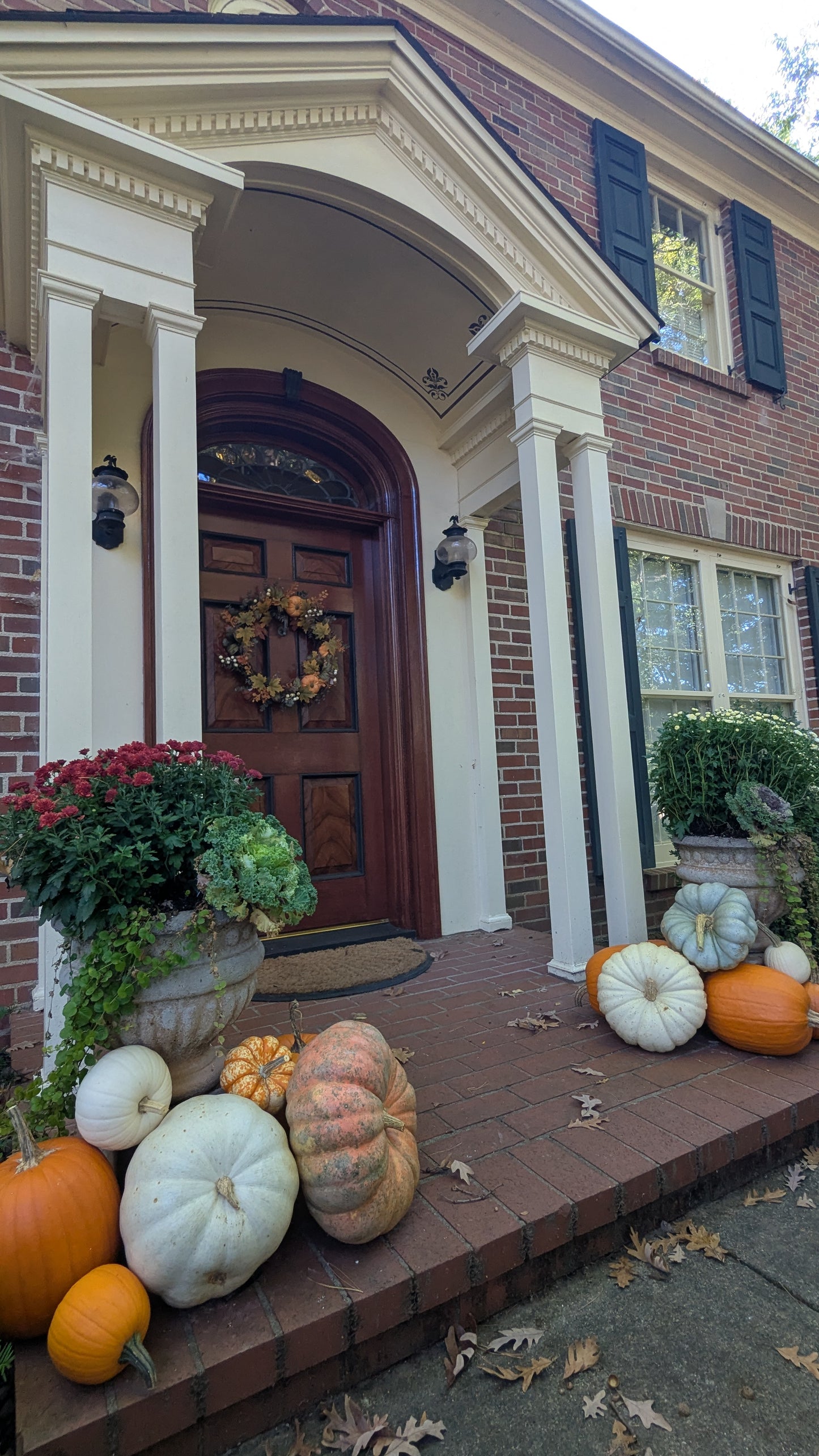 A front porch decorated with multiple pumpkins and gourds on the brick steps, with potted plants and a wreath on the dark wooden door of a brick house.
